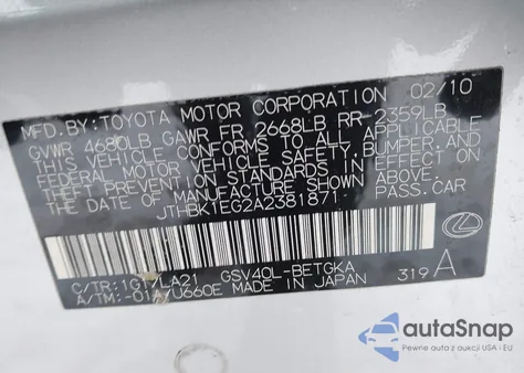 2010 Lexus Es 350 из США, поврежденный, VIN JTHBK1EG2A2381871